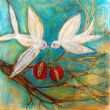 Birds with fruit I. Shellac and oil pastel on canvas