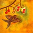 Bird with fruit II. Shellac and oil pastel on canvas
