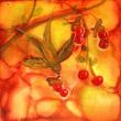 Bird with fruit III. Shellac and oil pastel on canvas.