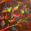Bird with fruit IV. Shellac and oil pastel on canvas.