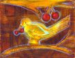 Bird on branch III Shellac and oil pastel on canvas.