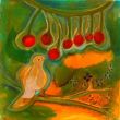 Bird on branch IV. Shellac and oil pastel on canvas