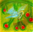 Bird with fruit VI. Shellac and oil pastel on canvas