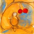 Bird on branch VII. Shellac and oil pastel on canvas