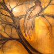 Large bird on branch. Shellac and oil pastel on canvas