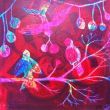 Bird on branch XX. Shellac and oil pastel on canvas