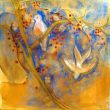 Bird on branch XXI. Shellac and oil pastel on canvas