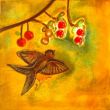 Bird on branch XXIV. Shellac and oil pastel on canvas