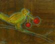 Bird with fruit IX. Shellac and oil pastel on canvas