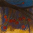 Bird with fruit XII. Shellac and oil pastel on canvas.