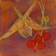 Bird with fruit XIII. Shellac and oil pastel on canvas