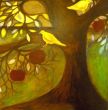 Bird with fruit XV Shellac and oil pastel on canvas