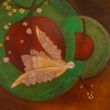 Bird with fruit XVIII. Shellac and oil pastel on canvas.