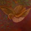 Bird with fruit XVIII. Shellac and oil pastel on canvas.