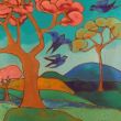 Birds XI. Shellac and oil pastel on canvas.